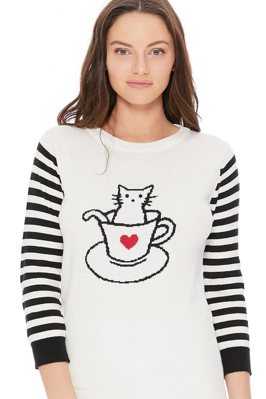 Lindo suéter de jacquard con gato en copa