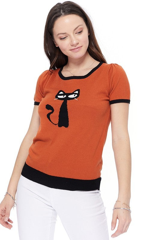 Suéter tipo camiseta informal con estampado de gato