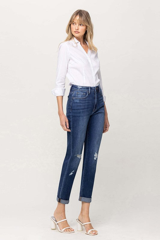 Jeans Mom elásticos con puños dobles desgastados