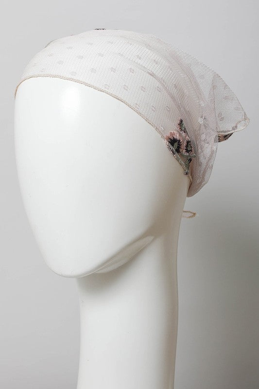 Pañuelo de cabeza de amapola bordado de encaje de tul
