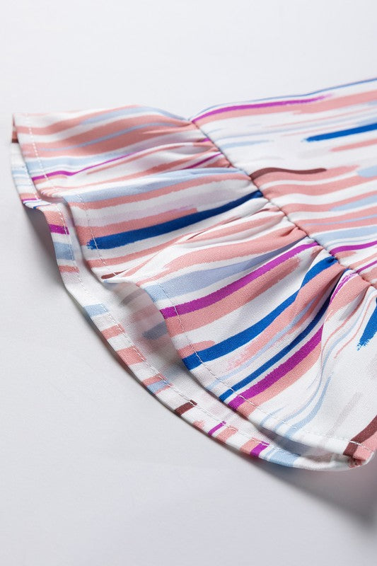 Blusa de media manga con volantes y rayas color agua en blanco