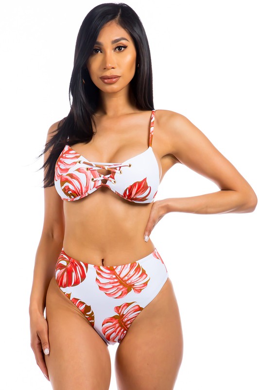 Bikini de dos piezas con estampado de hojas tropicales
