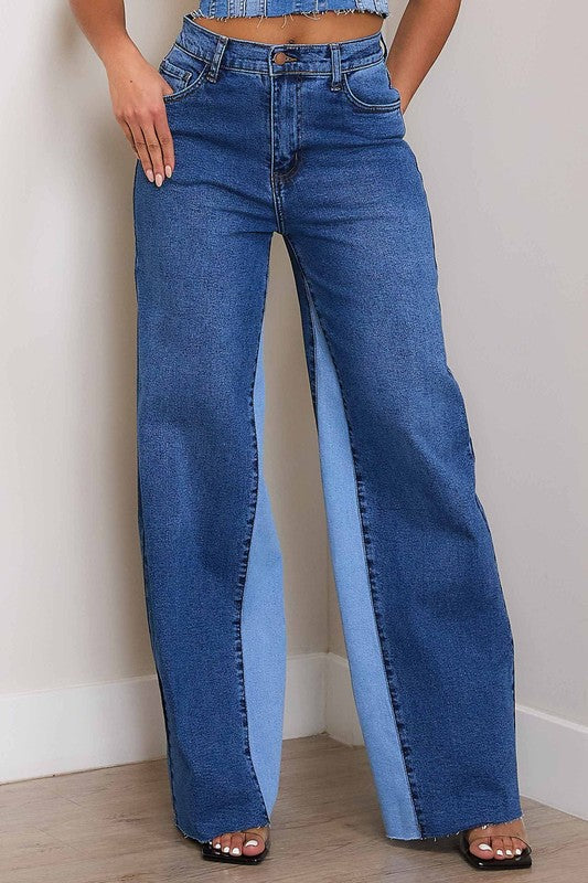 Jeans anchos con bloques de color de talle alto