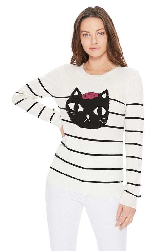 Lindo suéter de jacquard con cara de gato