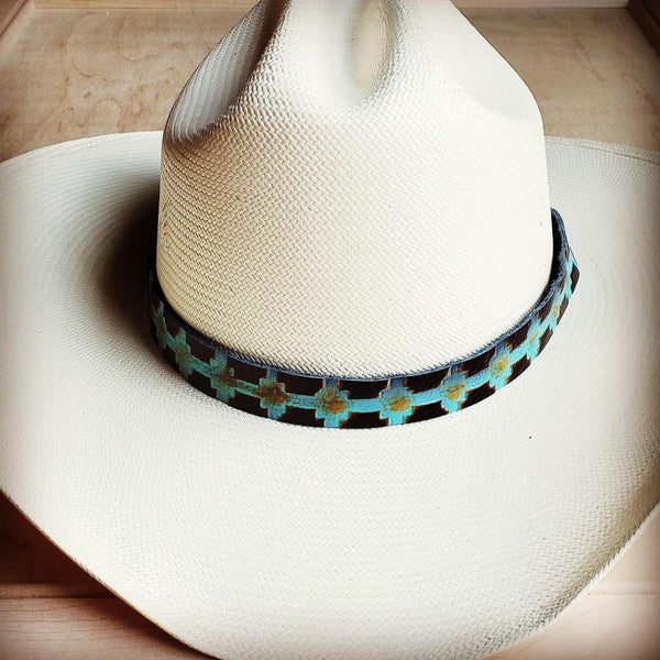 Banda para sombrero de cuero en relieve navajo azul