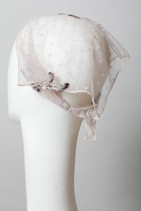 Pañuelo de cabeza de amapola bordado de encaje de tul