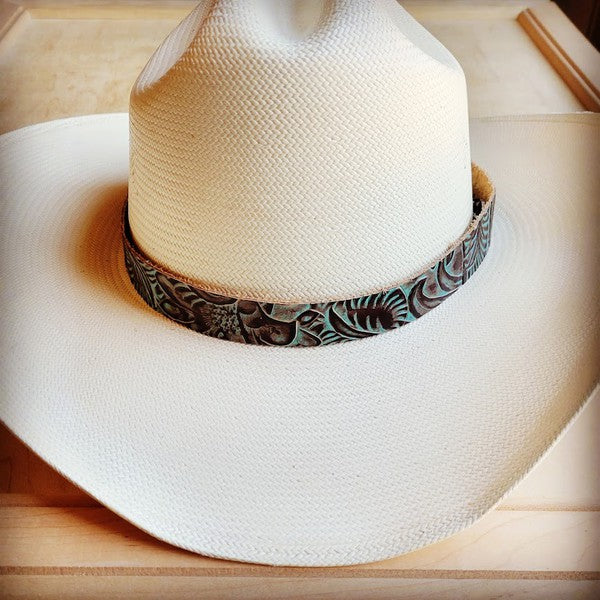 Banda para sombrero de cuero con relieve floral marrón turquesa
