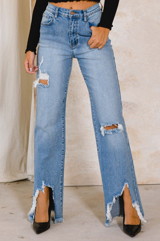 HIGH RISE DISTRESSED WIDE JEANS